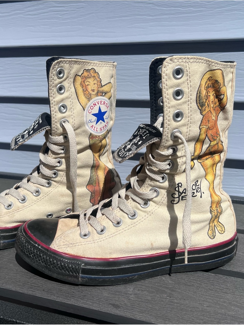 Converse Cream Canvas SailorJerry Pin-Up Artwork All Star High-Top Sneakers - Picture 2 of 13
